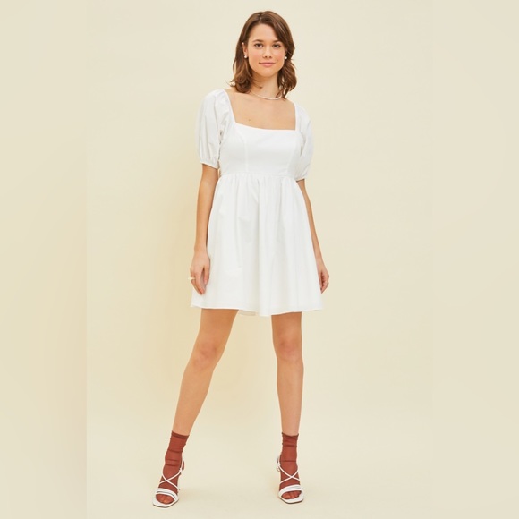 Puff Sleeve Baby Doll Dress with Bow Back and Pockets - Picture 2 of 8